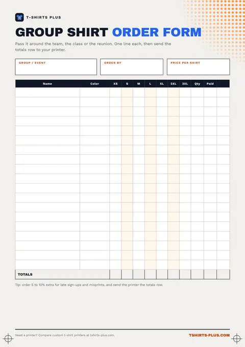 Group t-shirt order form: names, sizes and colors