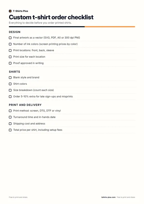 Custom t-shirt order checklist